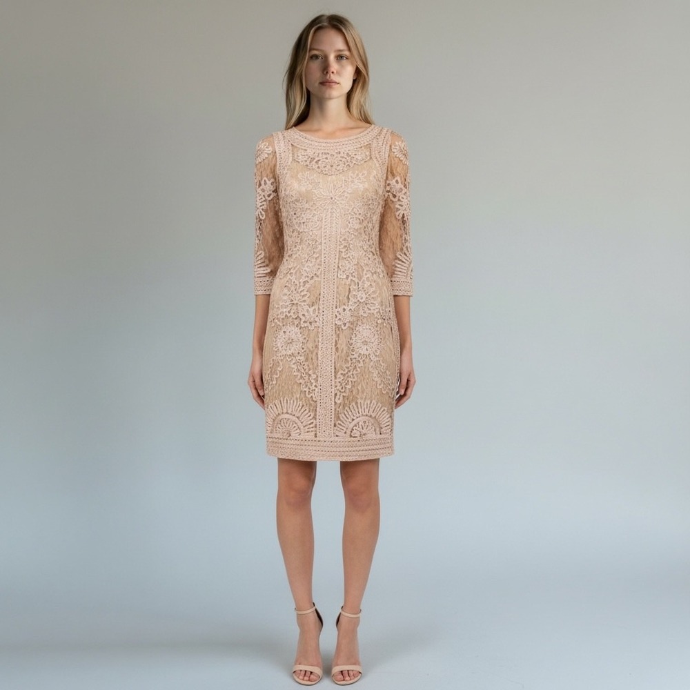Sue Wong Embroidered Lace Sheath Dress Nude Beige 3/4 Sleeve Cocktail Size 6